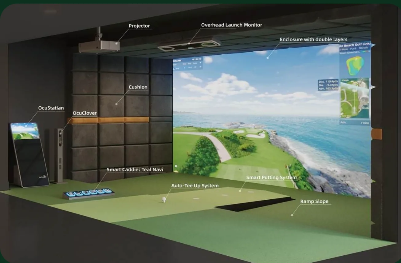 Premium indoor golf bay concept with comfortable seating and simulator play
